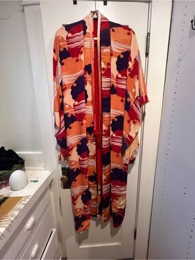 Vibrant Abstract Print Kimono Robe - Orange & Navy